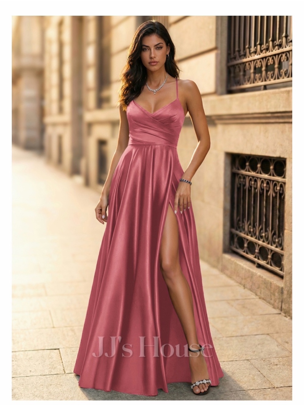 JJs House Dusty Rose Spaghetti Strap A-Line Prom Gown